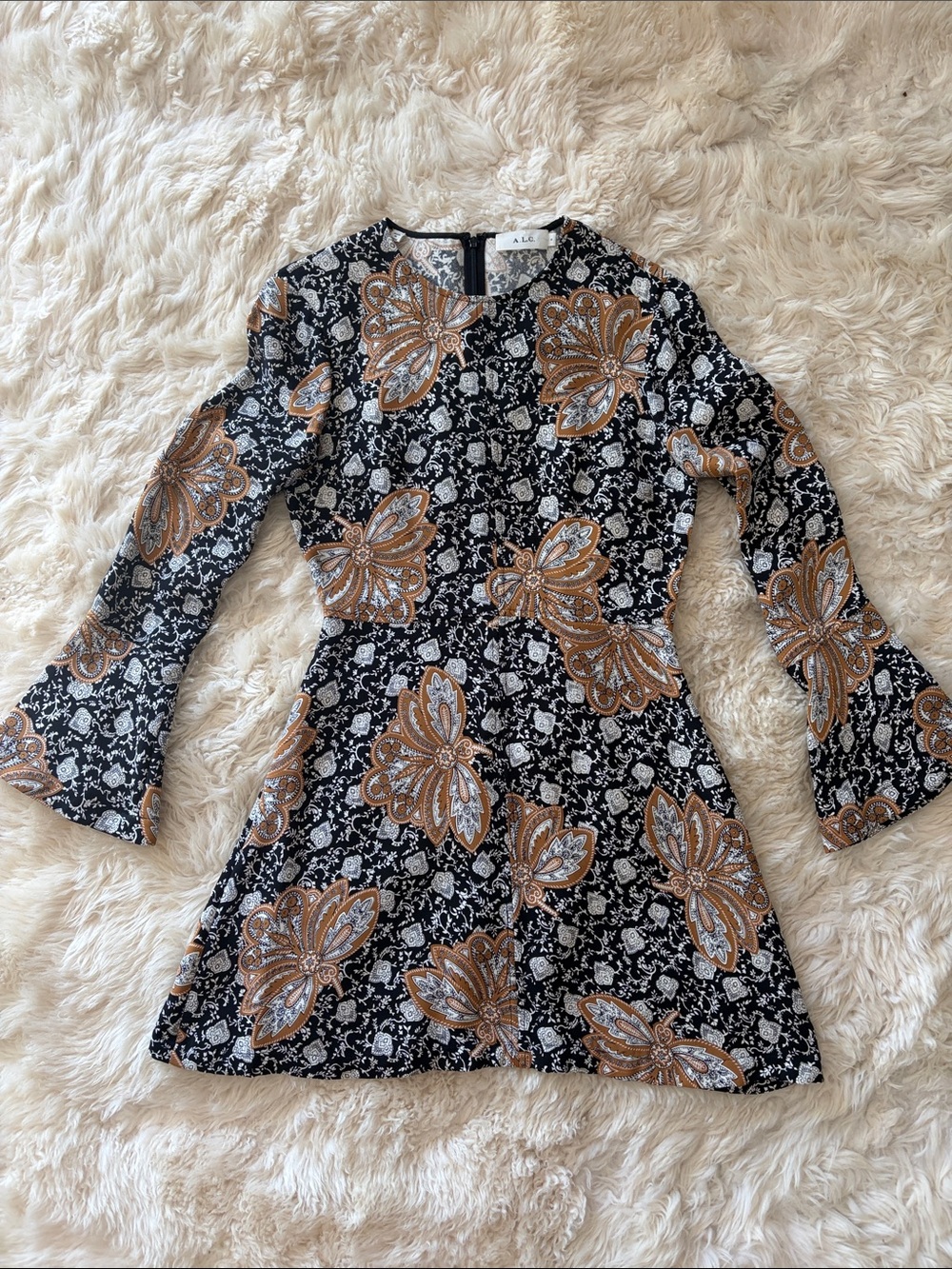 A.L.C. Black and Brown Floral/Paisley Long-Sleeve Fit-and-Flare Dress